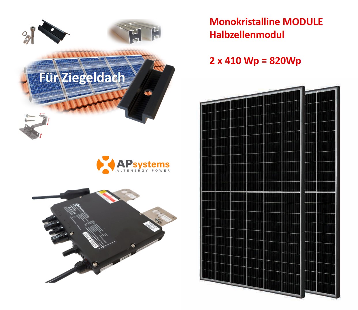 850Wp Minikraftwerk 2x Halbzellen Solarmodul +APSystems DS3 Mikrowechselrichter + Gestell Ziegeldach + Ertragsüberwachung