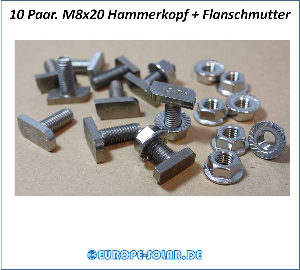 10x Hammerkopfschraube M8x20 + 10x Flanschmutter M8. Edelstahl. 28/15. Aluprofil
