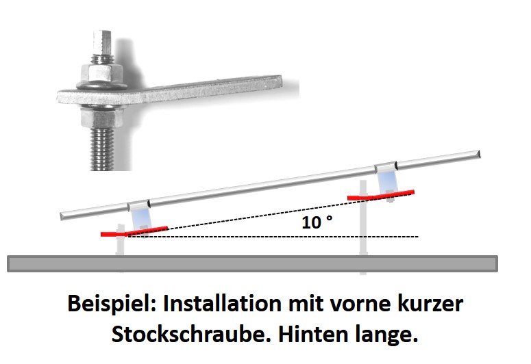 Adapterblech für 10° Aufständerung Solar. Ausführung: 13mm Loch für Stockschraube M12 Stockschraube