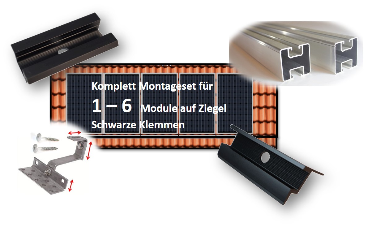 PV Befestigungskit 1 - 6 Module SCHWARZE Klemmen RH 30mm (max 115cm Modulbreite) Dachhaken Aluprofil Solar PV Befestigungskit 1 - 6 Module SCHWARZE Klemmen RH 30mm (max 115cm Modulbreite) Dachhaken Aluprofil Solar