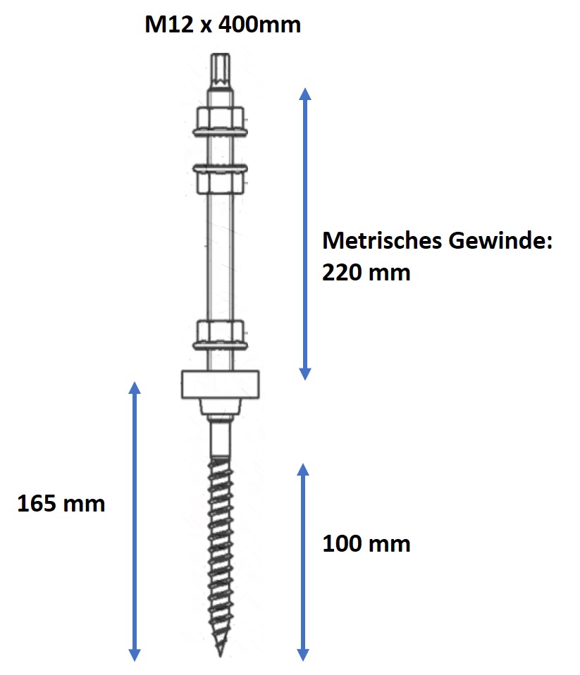 Stockschraube Solar M12x400mm Edelstahl V2A  EPDM 3x Sperrzahnmutter PV Befestigung