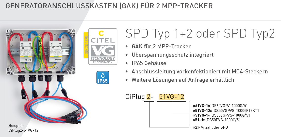 CITEL Solar Anschlussbox Überspannungsschutz für 2 MPP Tracker / Typ 2   IP65 GAK SPD (CiPlug2-51-1 )