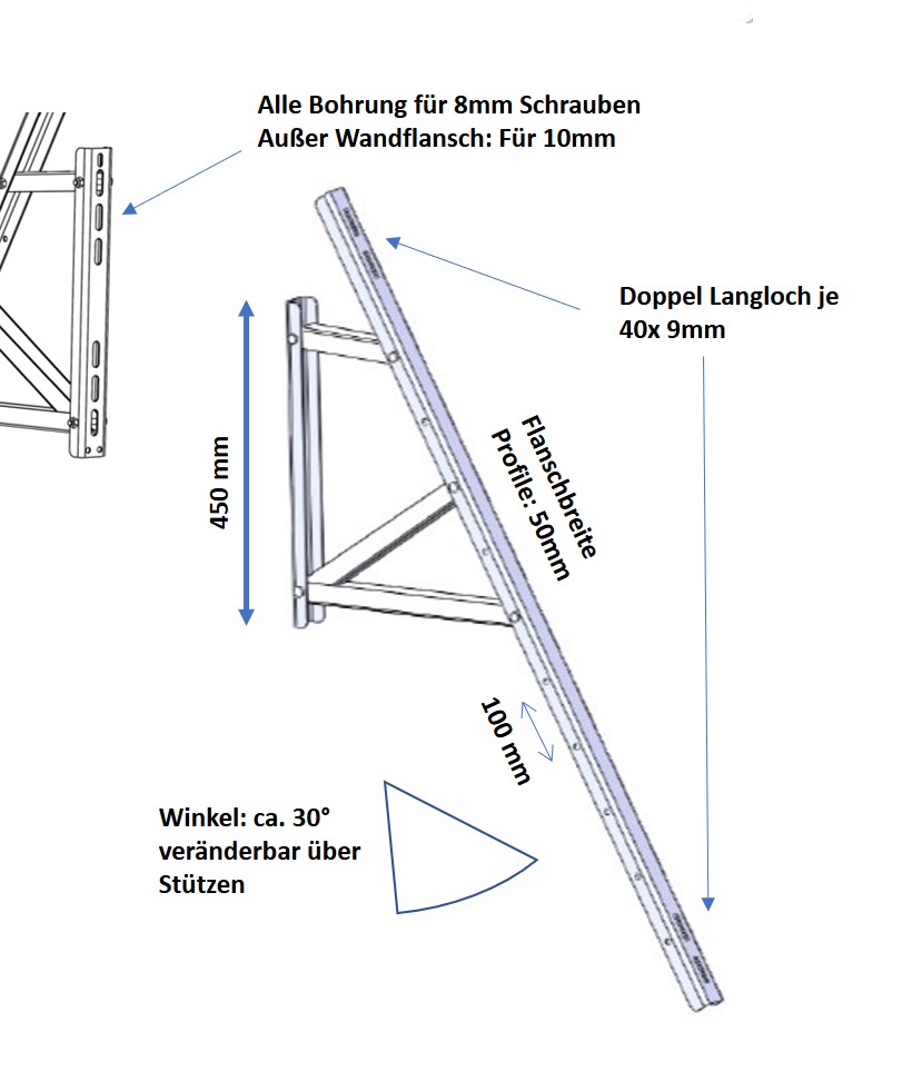 Wandhalterung 30° / Fassadenbefestigung Grau -  für 1 Solarmodul bis 115cm Breite