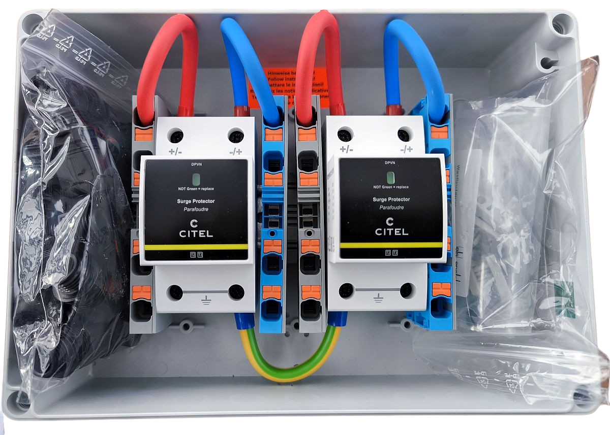 CITEL Überspannungsschutz Typ1+2+3 zum Direktauflegen Solar Anschlussbox für 2 MPP Tracker IP65 GAK SPD (GAK6.K4x16.K1x16.DP6-1-XS)