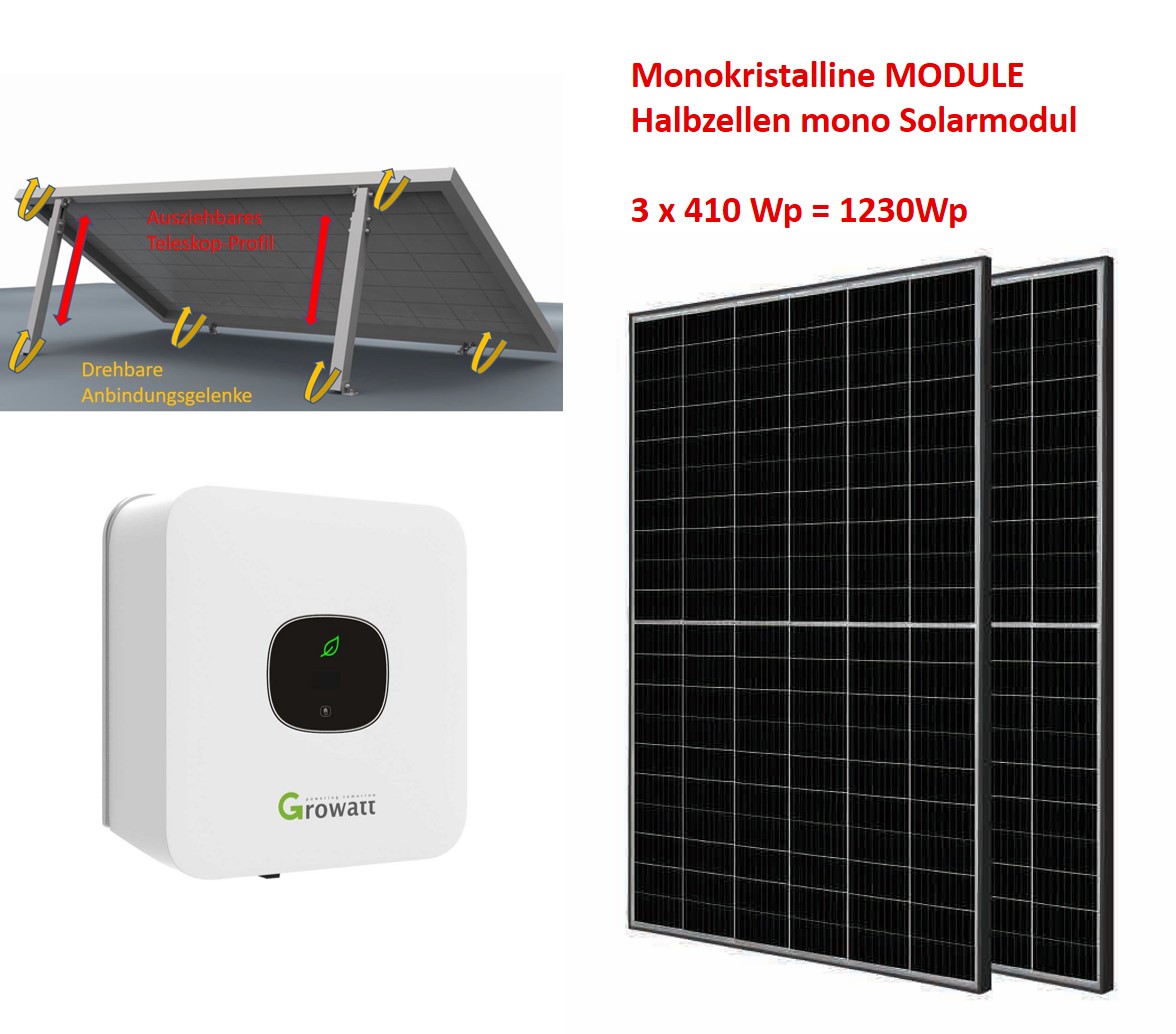 1275Wp Minianlage 3x Halbzellen Solarmodul +GROWATT MIC 1000TL-X Wechselrichter +Vario Aufständerung + Ertragsüberwachung