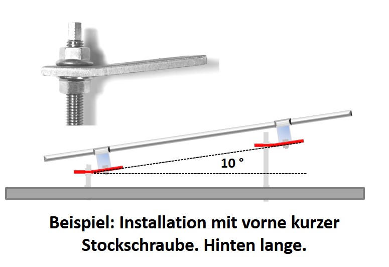 Adapterblech für 10° Aufständerung Solar PV. Ausführung: 11mm Loch für Stockschraube M10 Stockschraube