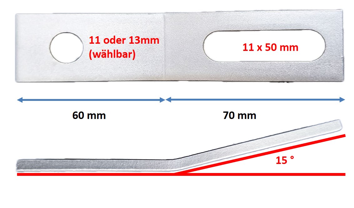 Adapterblech für 15° (165°) Leicht Aufständerung Solar PV 11mm Rundloch für Stockschraube (11 mm)