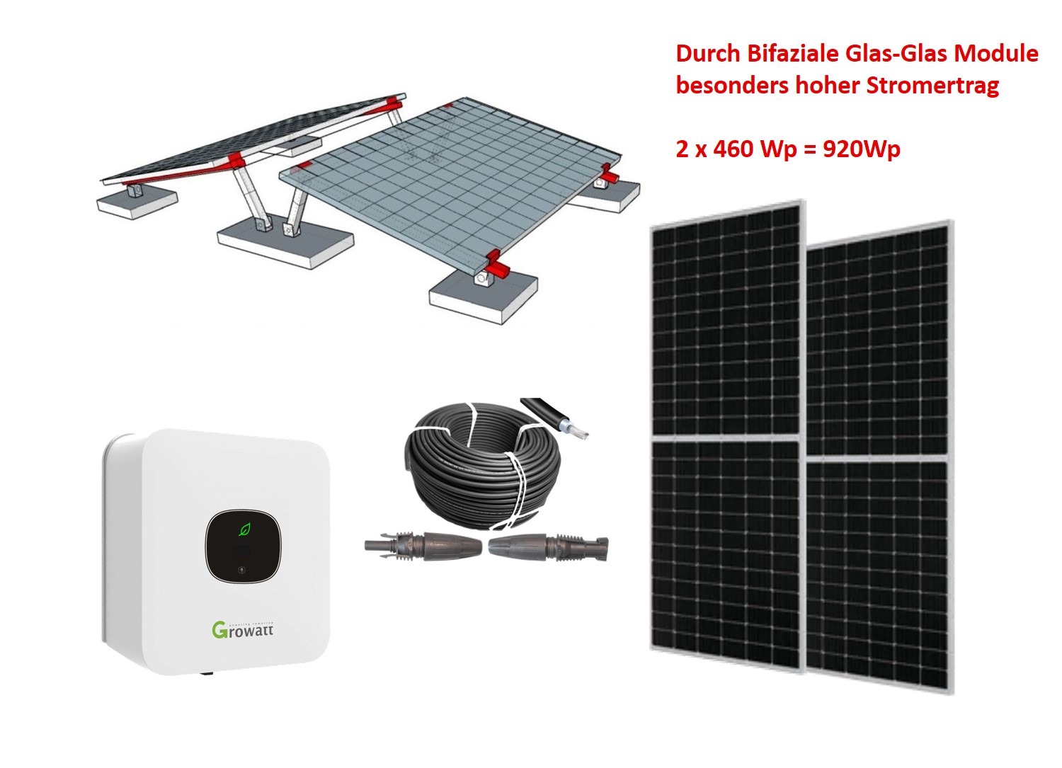 850Wp Balkonkraftwerk 2x Halbzellen BiFacial Glas-Glas Solarmodul +Growatt MIC 750W +Vario Aufständerung + Ertragsüberwachung